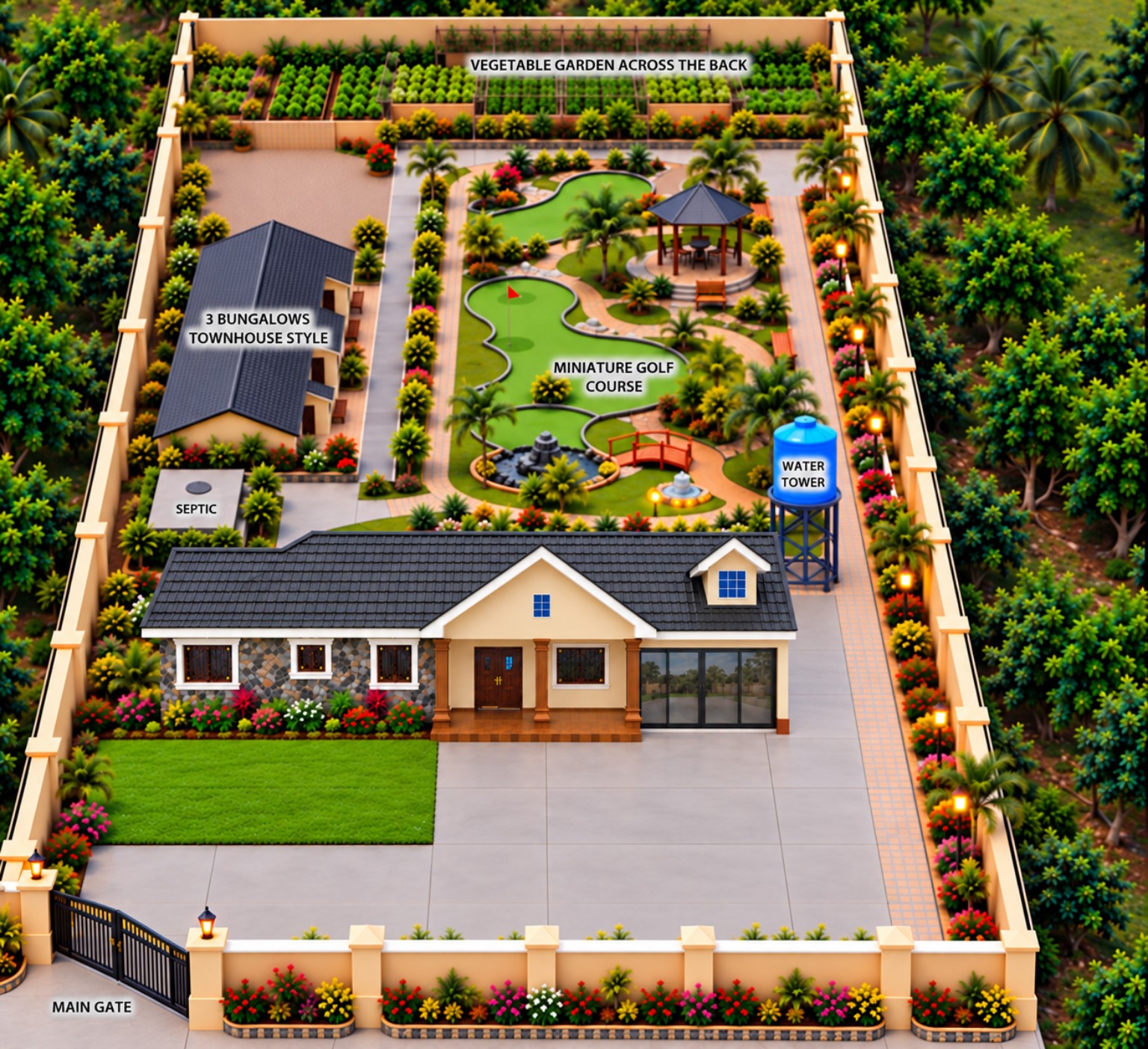 Proposed site plan for the complete CREM Missionary Guesthouse and Retreat Center property, showing the main house, three bungalows, miniature golf course, vegetable garden, water tower, septic area, gate, and landscaped grounds