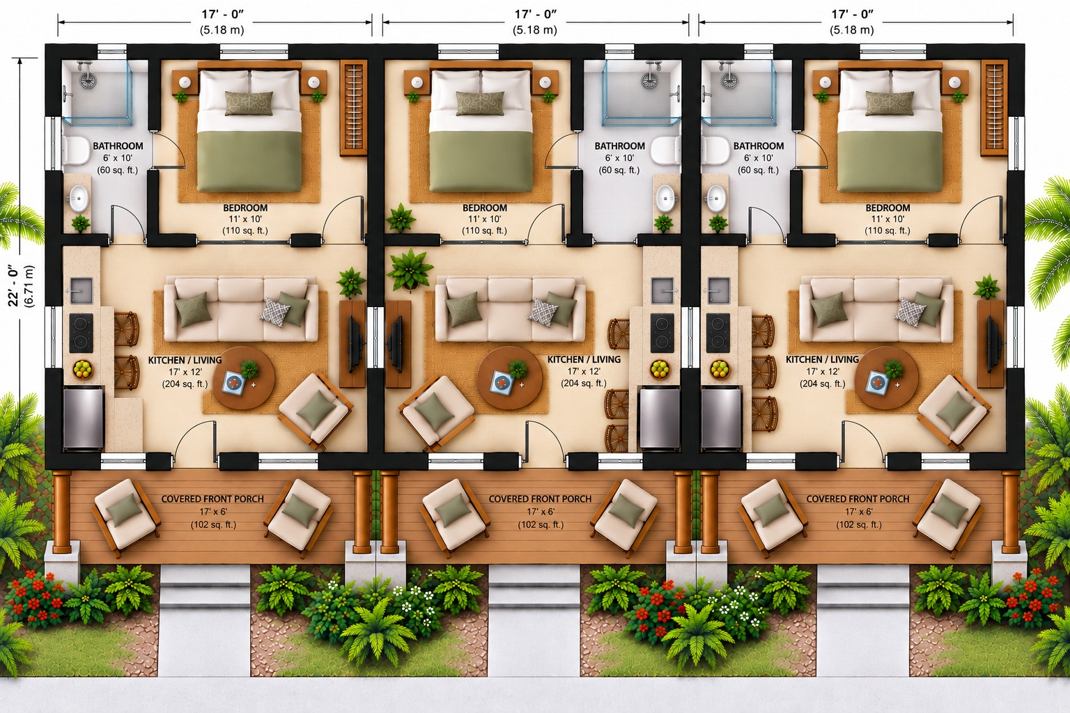 Floor plan for the three proposed guest bungalows, each with a bedroom, bathroom, kitchen and living area, and covered porch
